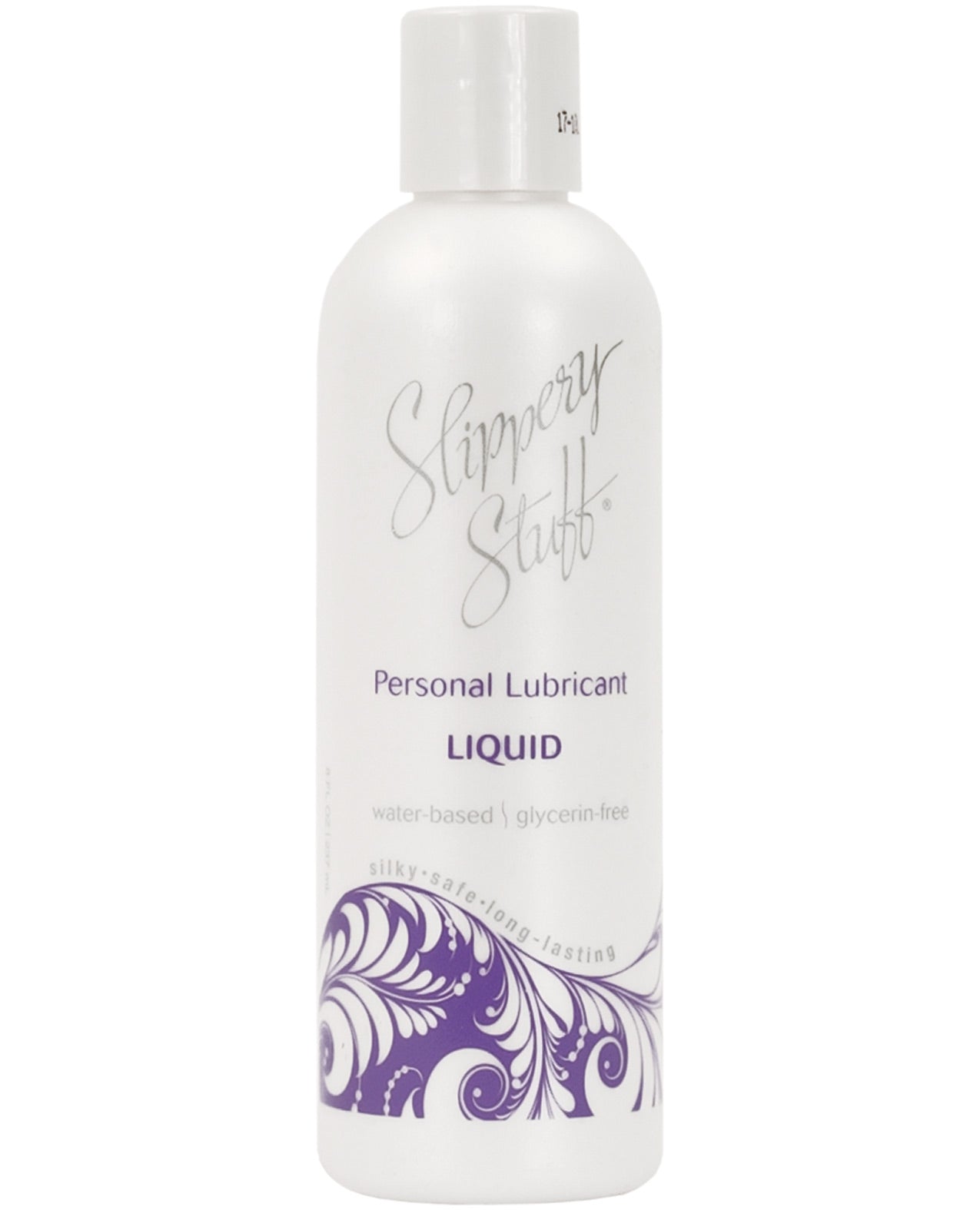 Bottle of Slippery Stuff Liquid personal lubricant on a neutral background, showcasing its sleek design and label.