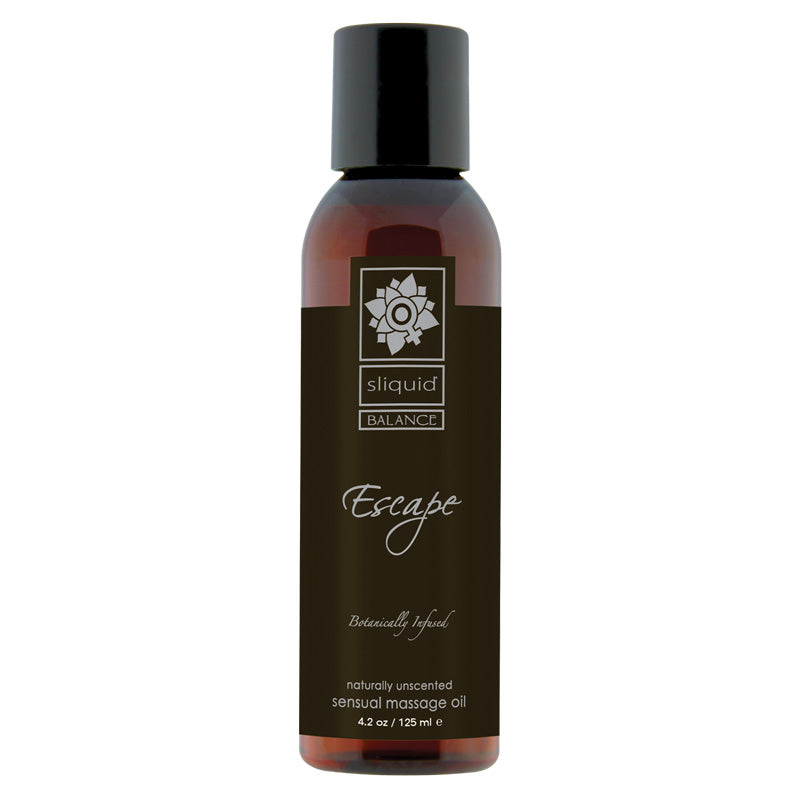 Sliquid Balance Escape Massage Oil 125ml bottle with elegant design, showcasing its vegan-friendly and organic ingredients.