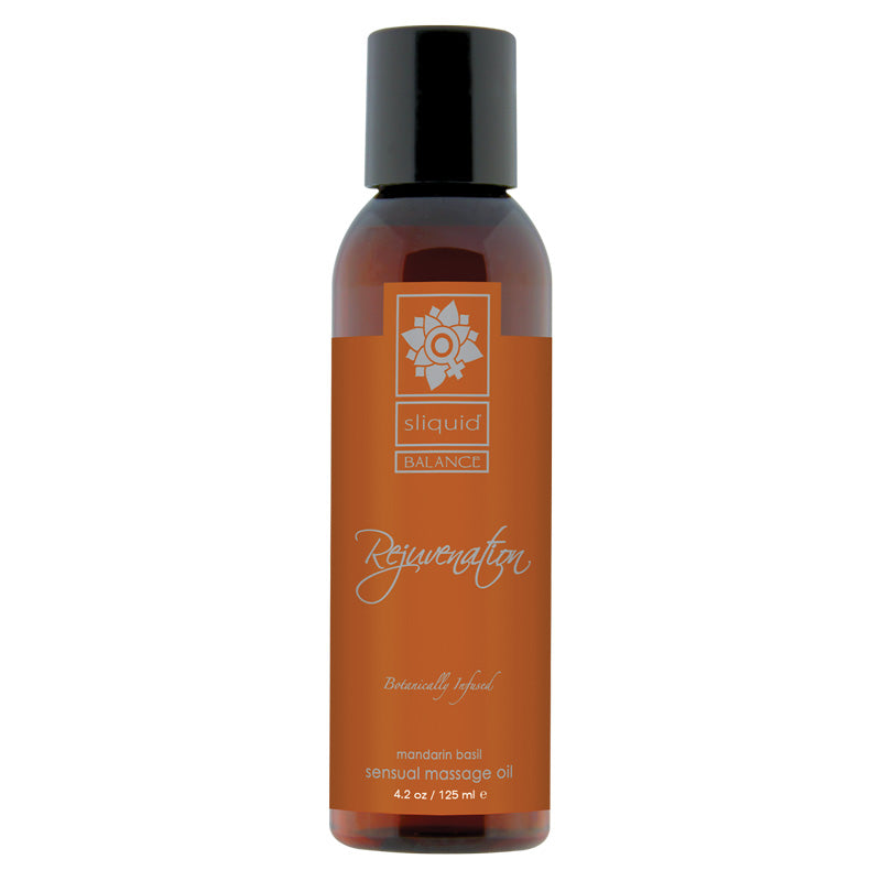 Sliquid Balance Rejuvenate Massage Oil 125ml bottle with a refreshing citrus and basil scent, perfect for relaxation and skin nourishment.