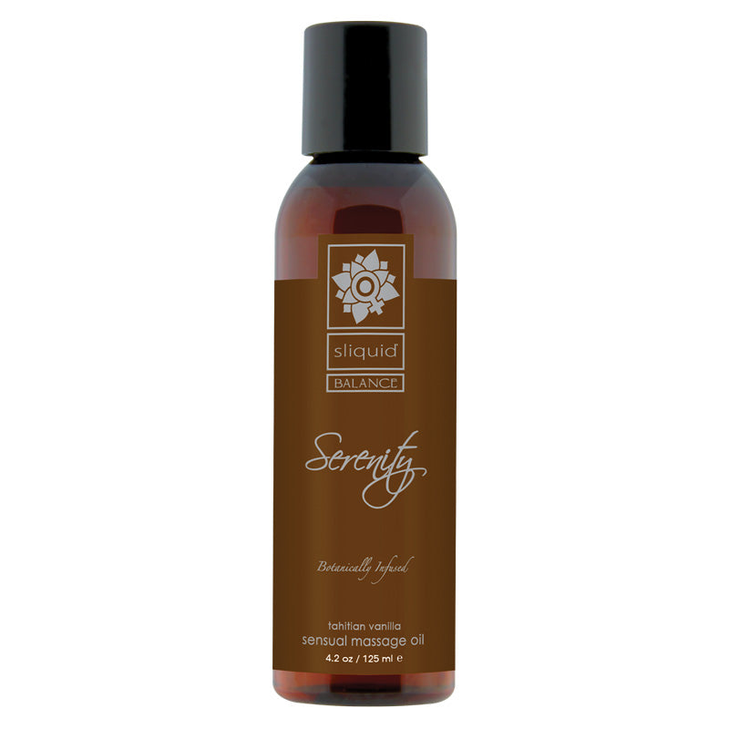 Sliquid Balance Serenity Massage Oil 125ml bottle with Tahitian Vanilla scent, showcasing its elegant design and natural ingredients.