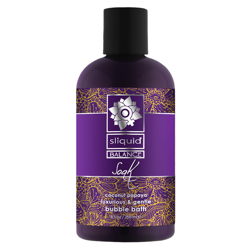 Sliquid Balance Soak Coconut Papaya 255ml bottle with tropical design, showcasing nourishing bubble bath for skin care.