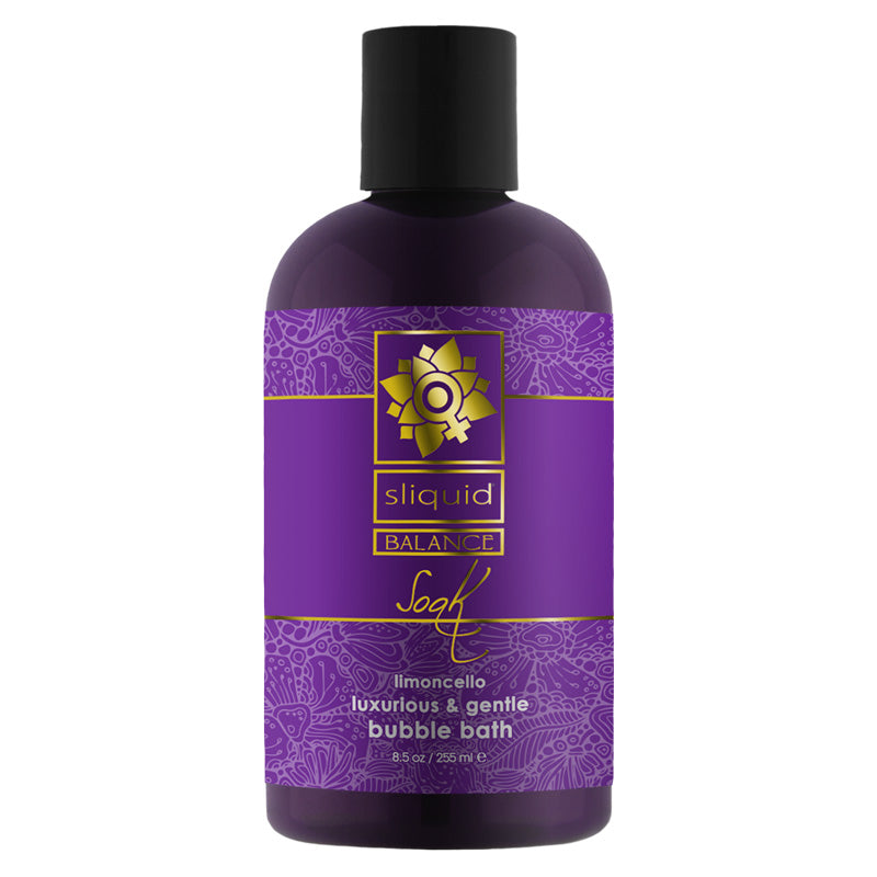 Sliquid Balance Soak Limoncello 255ml bottle with lemon-themed design, showcasing its luxurious bubble bath formula.