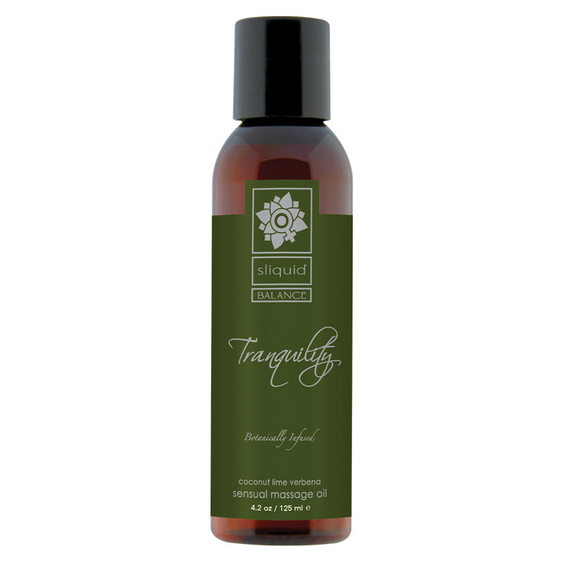 Sliquid Balance Tranquility Massage Oil 125ml bottle with a calming Coconut and Lime design, perfect for relaxation.