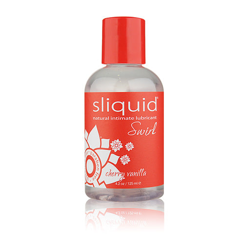 Sliquid Cherry Vanilla 125ml personal lubricant bottle with a vibrant cherry and vanilla design, showcasing its vegan-friendly and water-based formula.