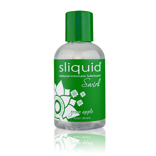 Sliquid Green Apple water-based personal lubricant bottle with a green apple design, showcasing its vegan-friendly and sugar-free features.