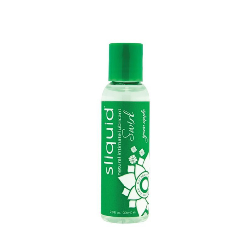 Sliquid Green Apple water-based personal lubricant bottle with a green apple design, showcasing its vegan-friendly and sugar-free features.