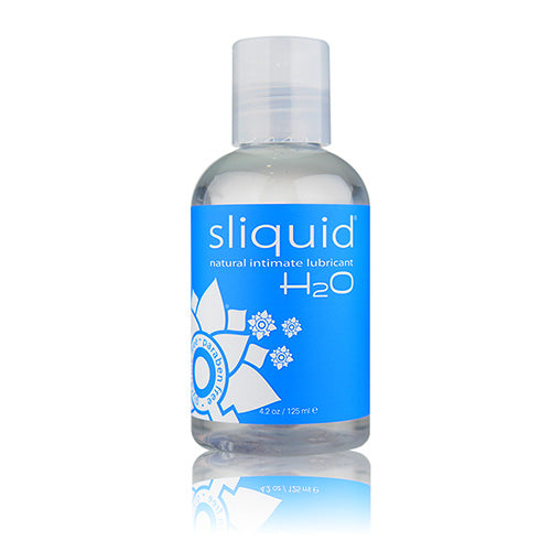 Sliquid H2O water-soluble intimate lubricant in a small, elegant bottle, showcasing its clear gel consistency.