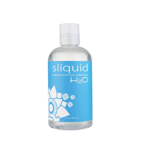 Sliquid H2O water-soluble intimate lubricant in a small, elegant bottle, showcasing its clear gel consistency.