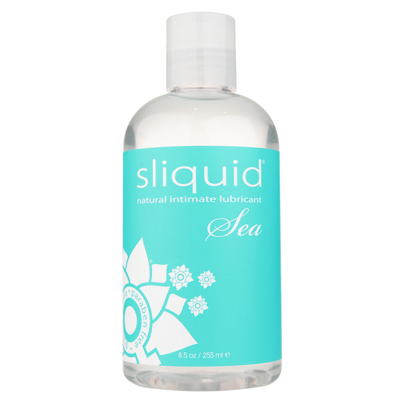 Sliquid Naturals Sea water-based personal lubricant with natural seaweed extracts, in a sleek bottle on a soft background.