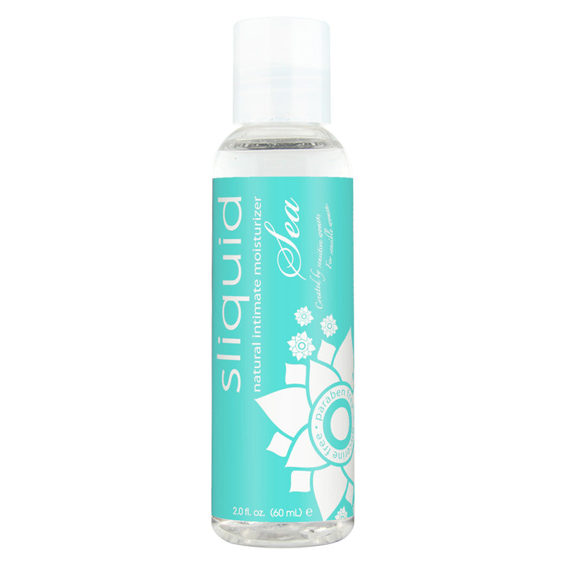 Sliquid Naturals Sea water-based personal lubricant with natural seaweed extracts, in a sleek bottle on a soft background.