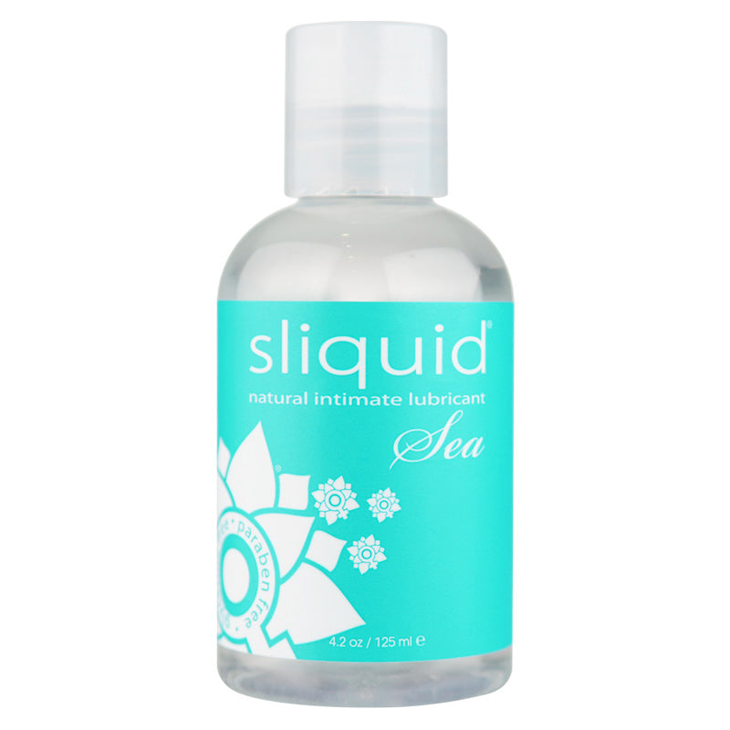 Sliquid Naturals Sea water-based personal lubricant with natural seaweed extracts, in a sleek bottle on a soft background.