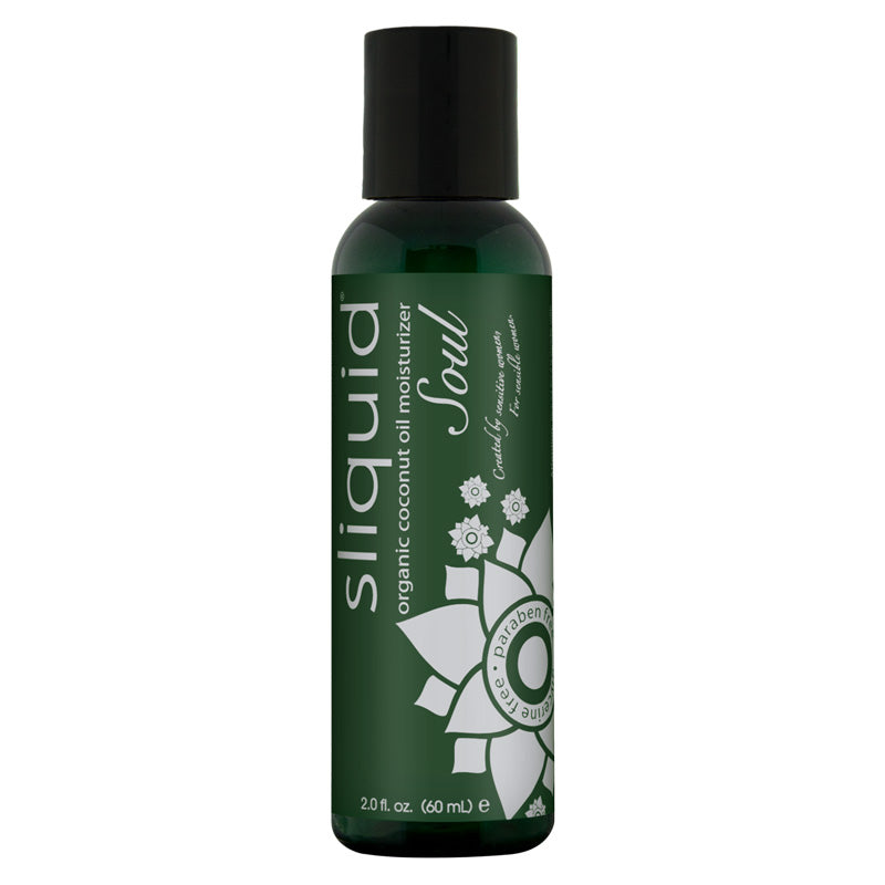 Sliquid Naturals Soul 60ml coconut oil-based lubricant bottle with a sleek design, showcasing its natural ingredients.