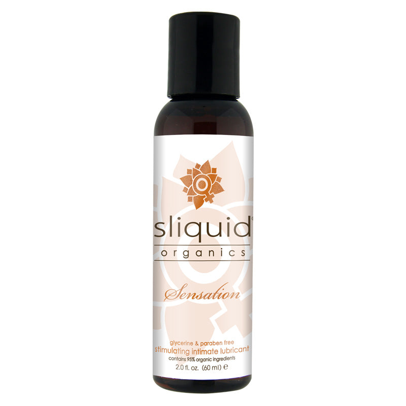 Sliquid Organics Sensation water-based warming personal lubricant bottle with natural ingredients.