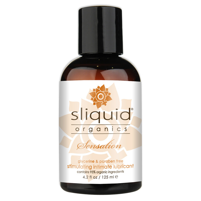 Sliquid Organics Sensation water-based warming personal lubricant bottle with natural ingredients.