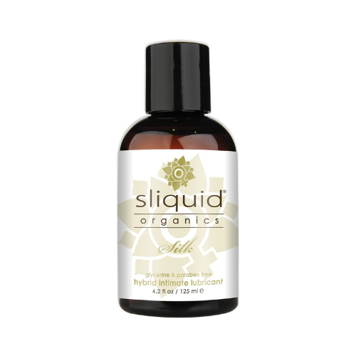 Sliquid Organics Silk Hybrid intimate lubricant bottle with a sleek design, showcasing its organic and vegan-friendly ingredients.