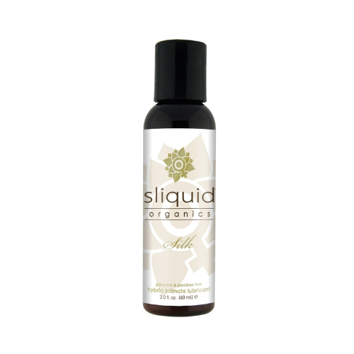 Sliquid Organics Silk Hybrid intimate lubricant bottle with a sleek design, showcasing its organic and vegan-friendly ingredients.