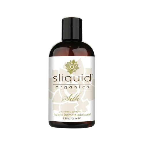 Sliquid Organics Silk Hybrid intimate lubricant bottle with a sleek design, showcasing its organic and vegan-friendly ingredients.