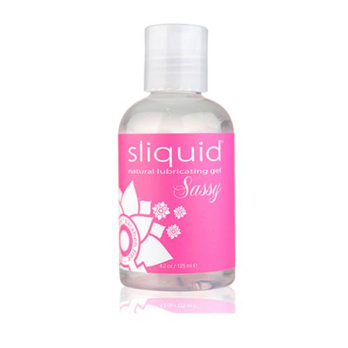 Sliquid Sassy Natural Lubricant bottle with a sleek design, showcasing its water-based formula and vegan-friendly label.