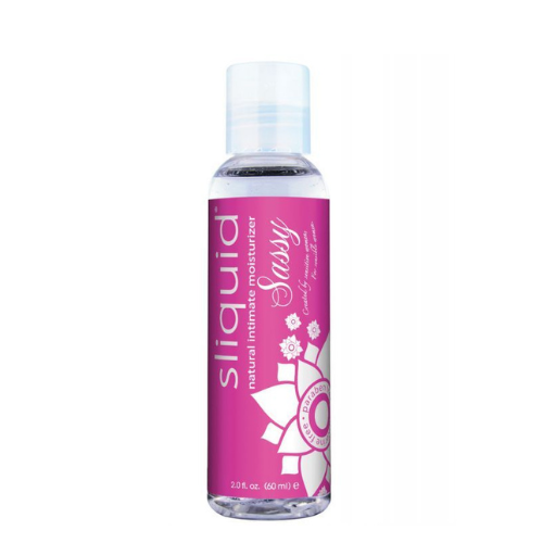 Sliquid Sassy Natural Lubricant bottle with a sleek design, showcasing its water-based formula and vegan-friendly label.