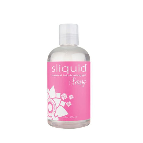 Sliquid Sassy Natural Lubricant bottle with a sleek design, showcasing its water-based formula and vegan-friendly label.