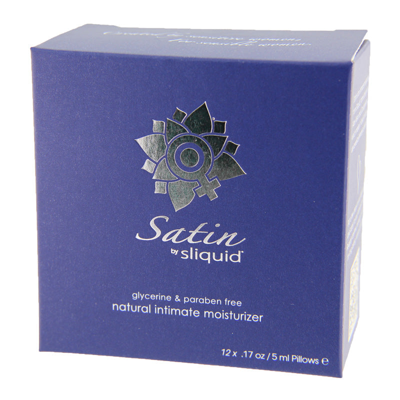 Sliquid Satin Lube Cube Pillow Pack 12, featuring a sleek design with Aloe and Carrageenan based intimate moisturizer for daily use.