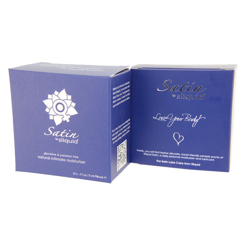 Sliquid Satin Lube Cube Pillow Pack 12, featuring a sleek design with Aloe and Carrageenan based intimate moisturizer for daily use.