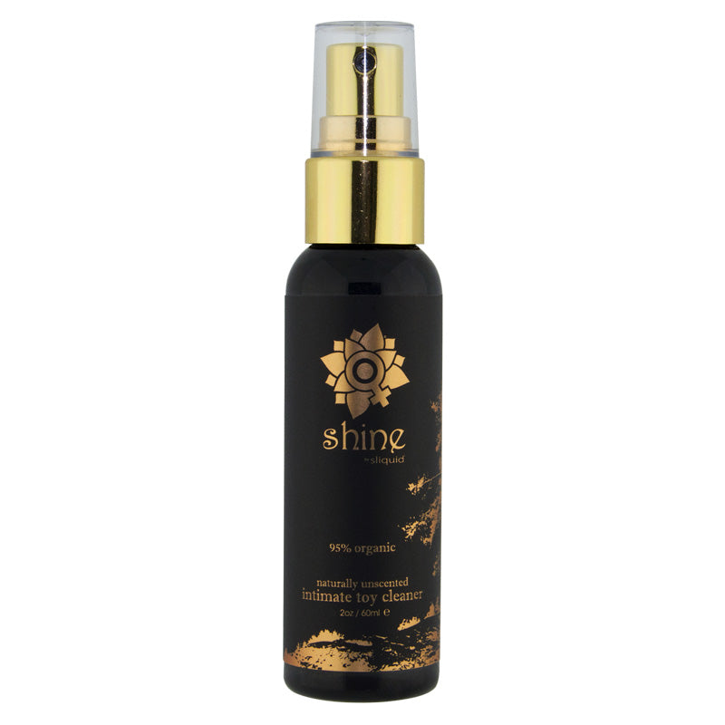 Sliquid Shine Organic Toy Cleaner spray bottle with a sleek design, featuring natural ingredients like tea tree oil and castor oil.