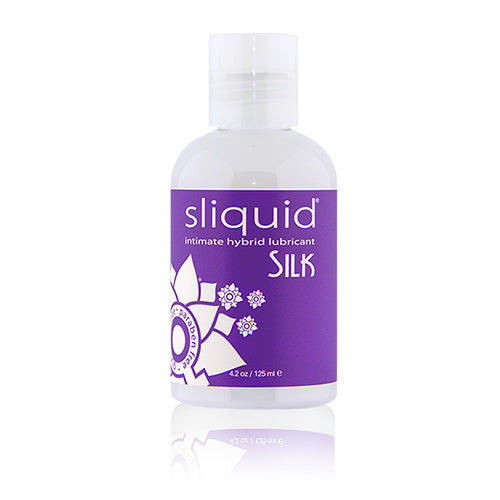 Sliquid Silk Hybrid lubricant bottle with a sleek design, showcasing its vegan-friendly and glycerin-free formula.