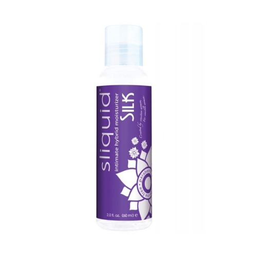 Sliquid Silk Hybrid lubricant bottle with a sleek design, showcasing its vegan-friendly and glycerin-free formula.