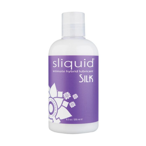 Sliquid Silk Hybrid lubricant bottle with a sleek design, showcasing its vegan-friendly and glycerin-free formula.