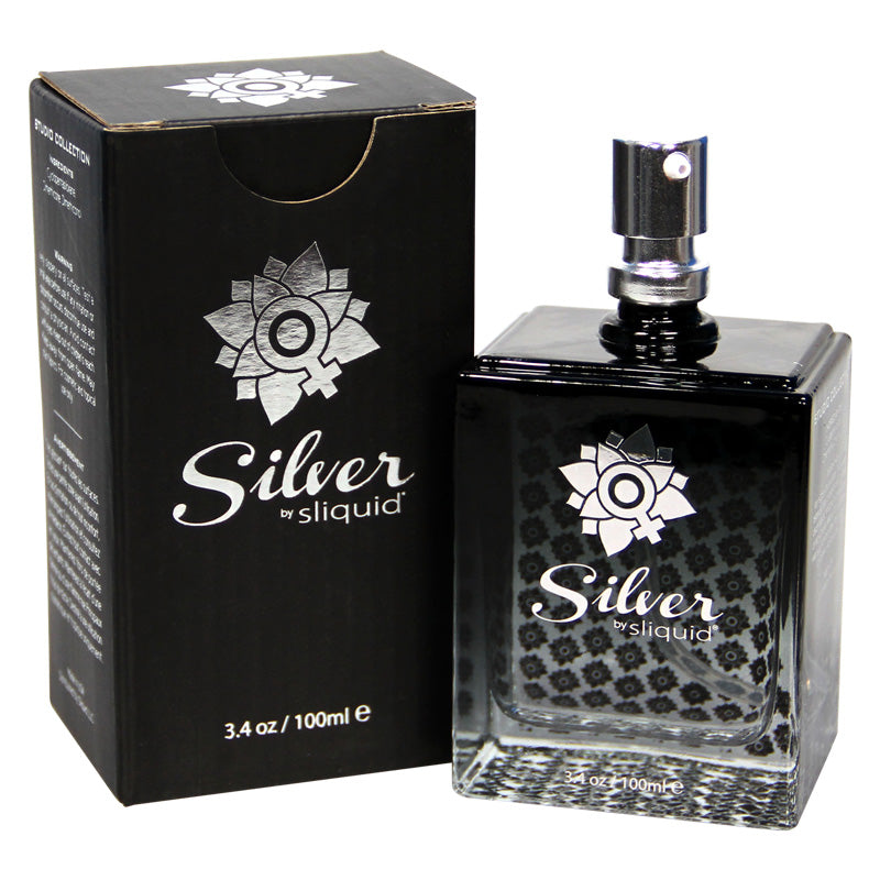 Sliquid Silver Studio Collection 100ml silicone lubricant bottle with a sleek design, showcasing its premium quality and long-lasting formula.