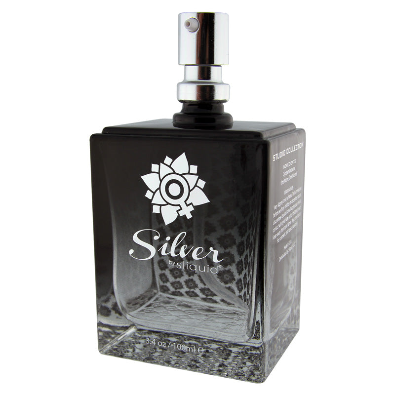 Sliquid Silver Studio Collection 100ml silicone lubricant bottle with a sleek design, showcasing its premium quality and long-lasting formula.