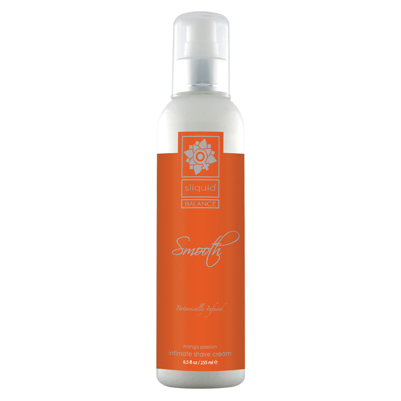 Sliquid Smooth Shave Cream Mango Passion 255ml bottle with a vibrant mango design, showcasing its vegan-friendly and gentle formula.