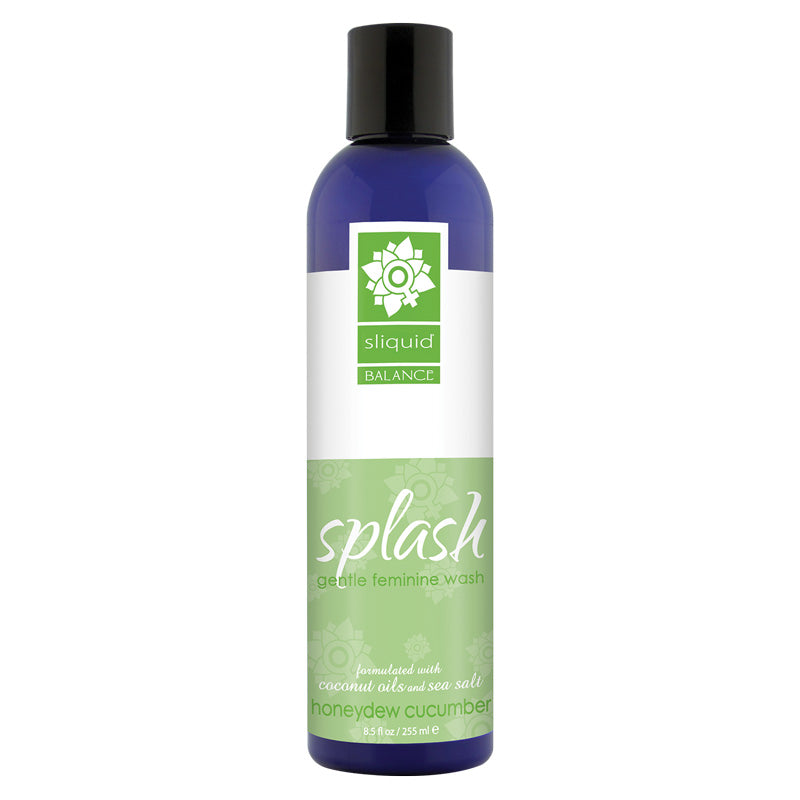 Sliquid Splash Feminine Wash in Honeydew Cucumber 255ml bottle with a refreshing design, showcasing its organic and vegan-friendly ingredients.