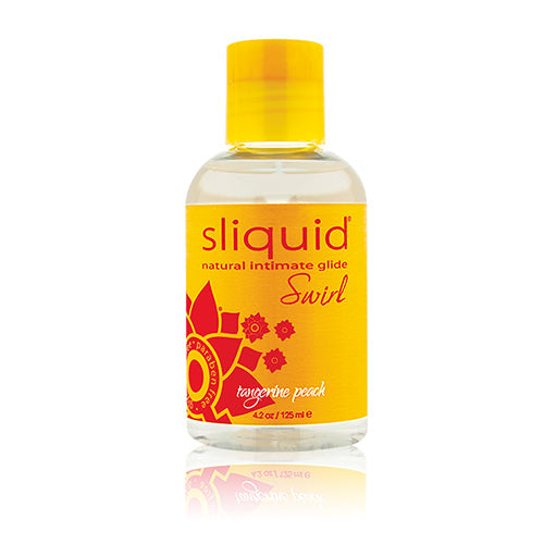 Sliquid Tangerine Peach personal lubricant bottle with a vibrant design, showcasing its vegan-friendly and non-toxic features.