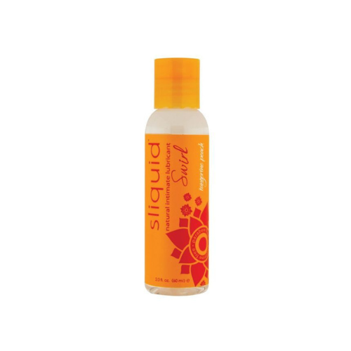 Sliquid Tangerine Peach personal lubricant bottle with a vibrant design, showcasing its vegan-friendly and non-toxic features.