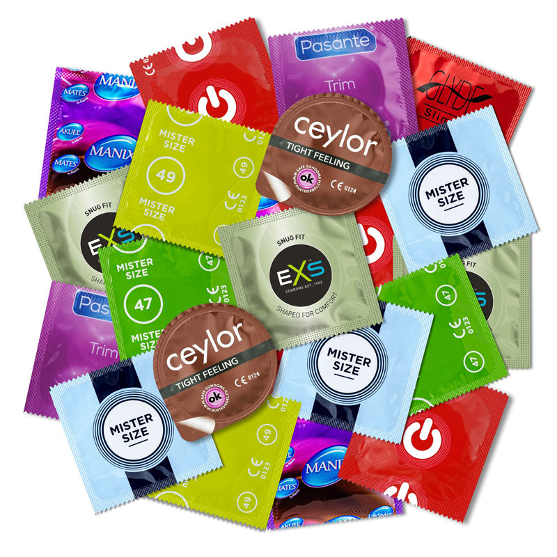 Snug Fit Condoms Sampler Pack featuring various smaller-sized condoms from popular brands, designed for a secure and comfortable fit.