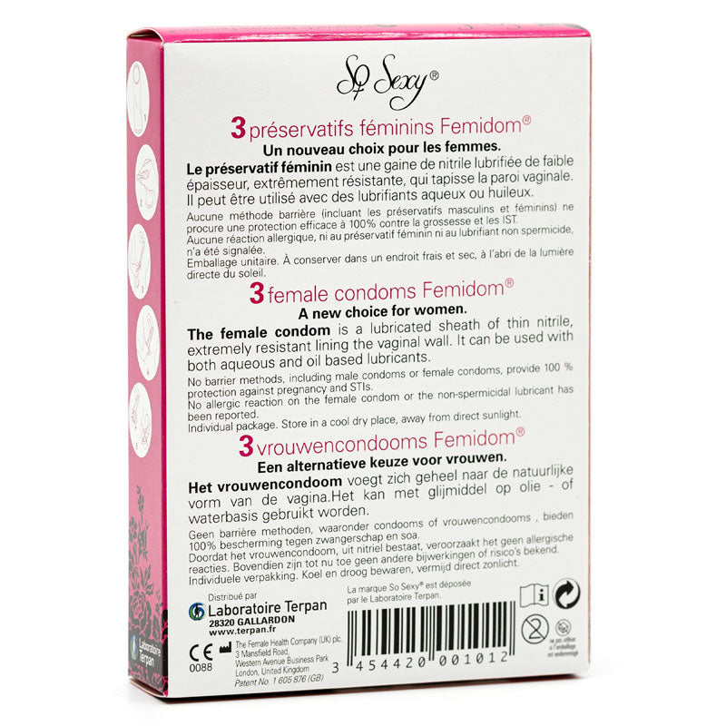 So Sexy Female Condom Box 3 featuring three transparent nitrile condoms designed for women's protection and pleasure.