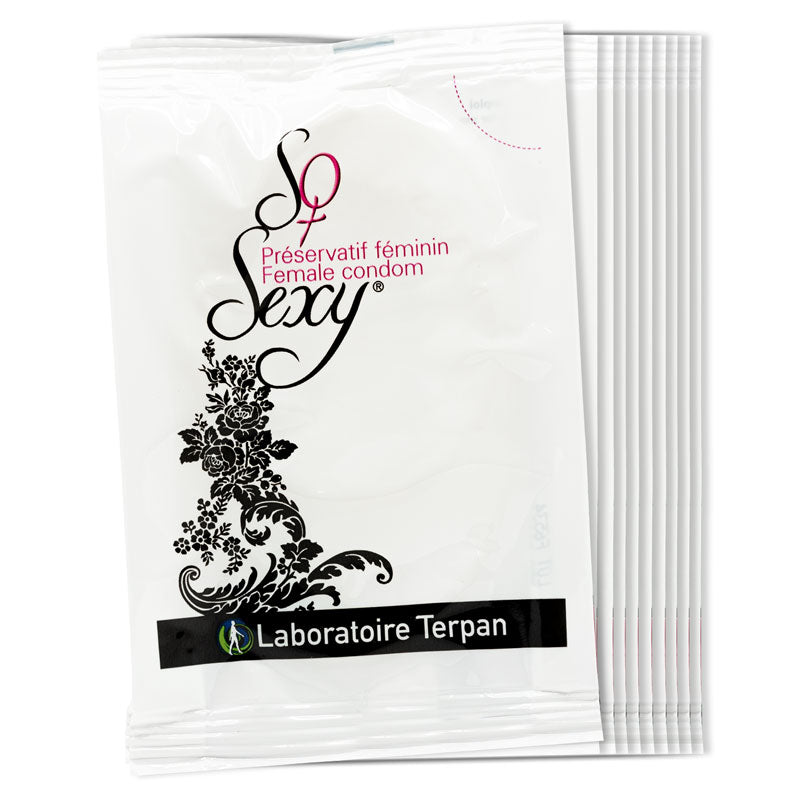 So Sexy Female Condom Pack of 10, featuring clear nitrile condoms designed for women's protection and pleasure.