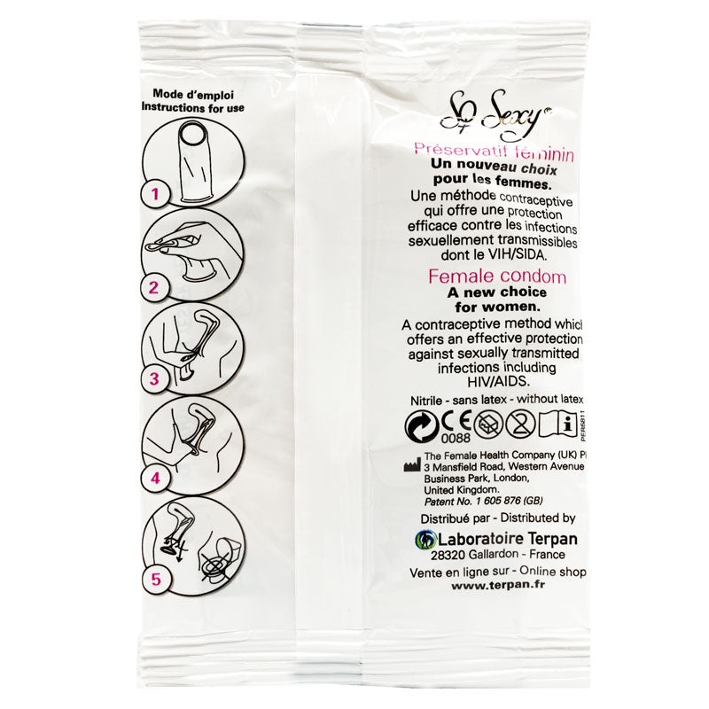 So Sexy Female Condom Pack of 10, featuring clear nitrile condoms designed for women's protection and pleasure.