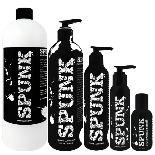 Spunk Hybrid Lubricant bottle with a creamy white texture, showcasing its water and silicone-based formula.