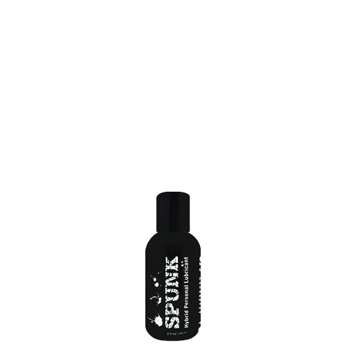 Spunk Hybrid Lubricant bottle with a creamy white texture, showcasing its water and silicone-based formula.