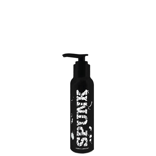 Spunk Hybrid Lubricant bottle with a creamy white texture, showcasing its water and silicone-based formula.