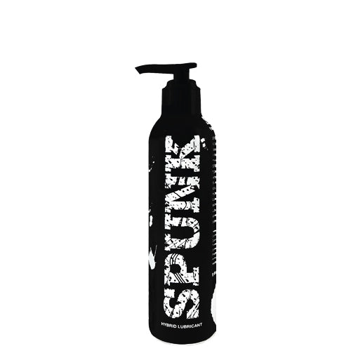 Spunk Hybrid Lubricant bottle with a creamy white texture, showcasing its water and silicone-based formula.