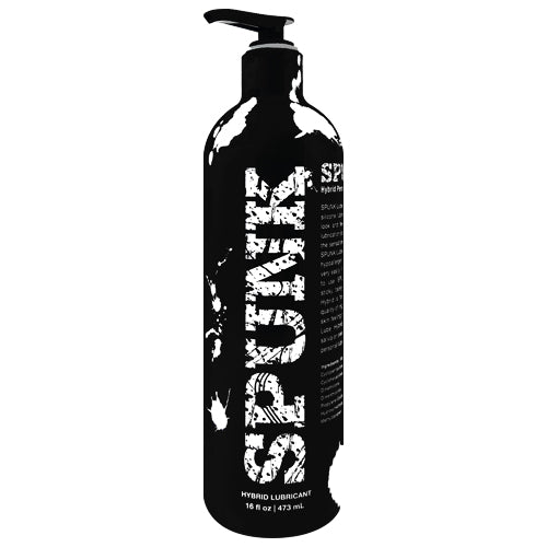 Spunk Hybrid Lubricant bottle with a creamy white texture, showcasing its water and silicone-based formula.