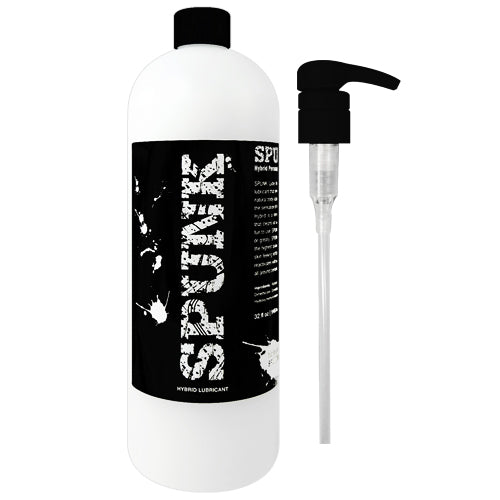 Spunk Hybrid Lubricant bottle with a creamy white texture, showcasing its water and silicone-based formula.