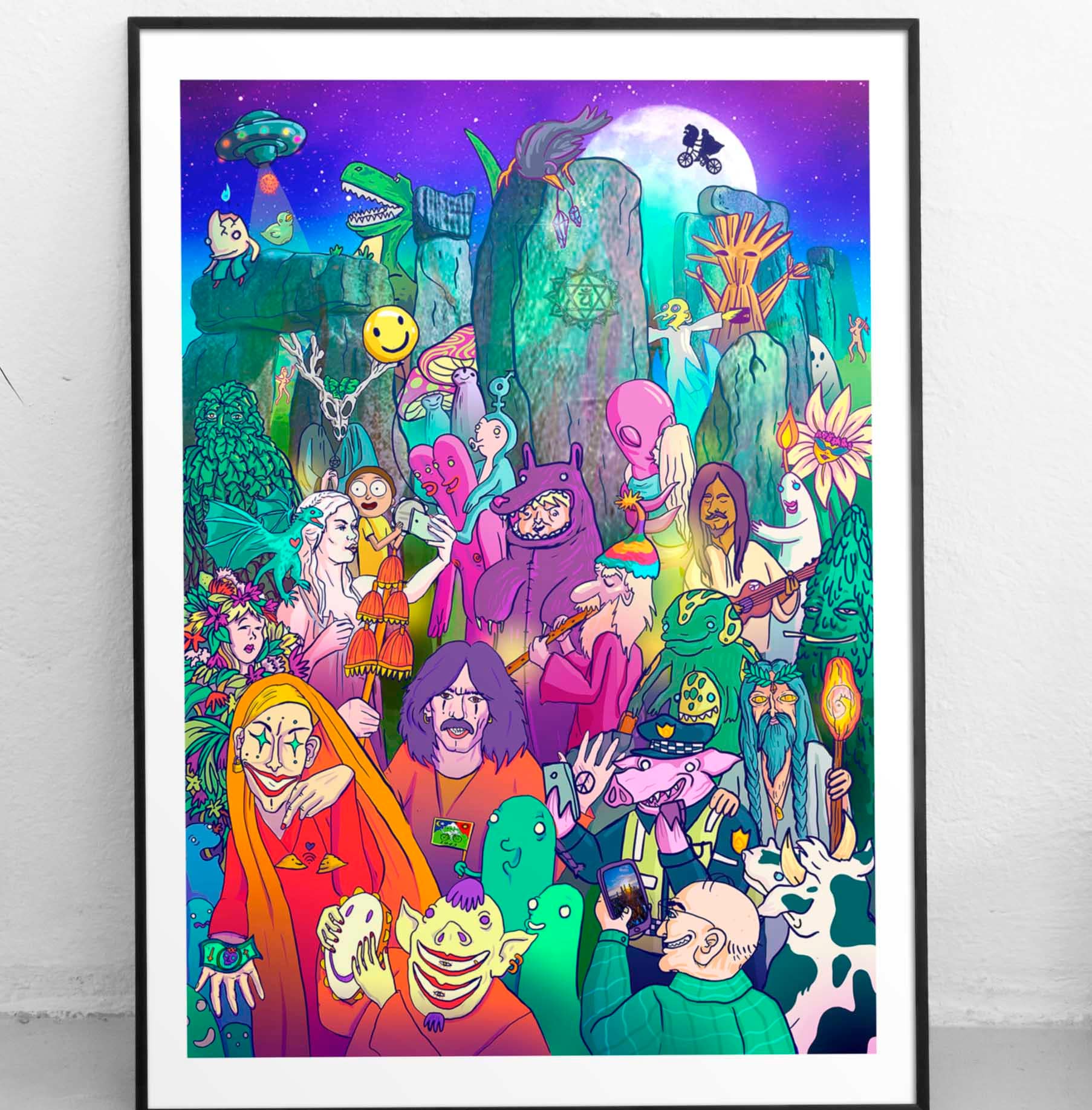 A limited edition gicleé fine art print inspired by the summer solstice at Stonehenge, featuring vibrant colors and a 3cm white margin.