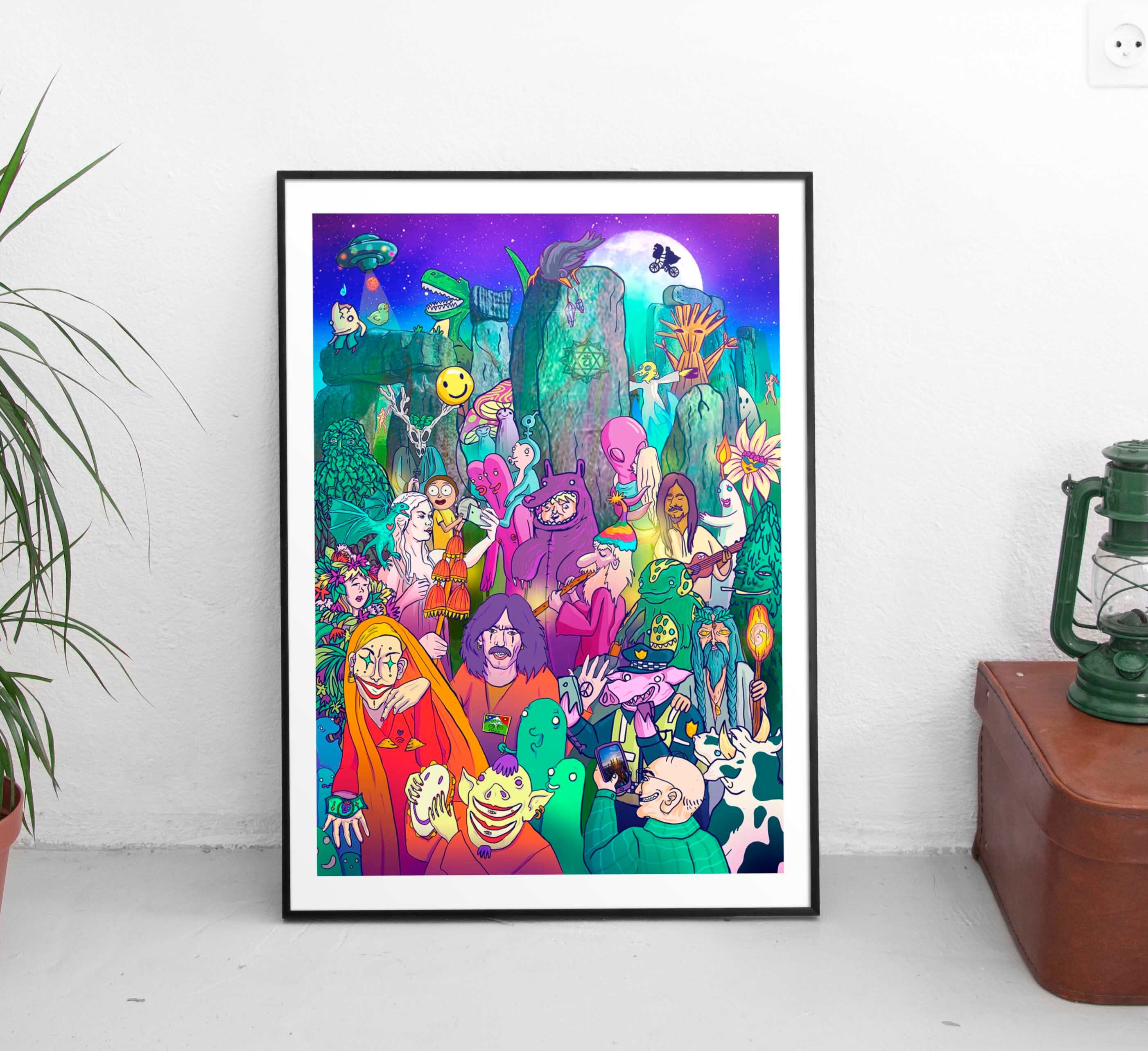 A limited edition gicleé fine art print inspired by the summer solstice at Stonehenge, featuring vibrant colors and a 3cm white margin.