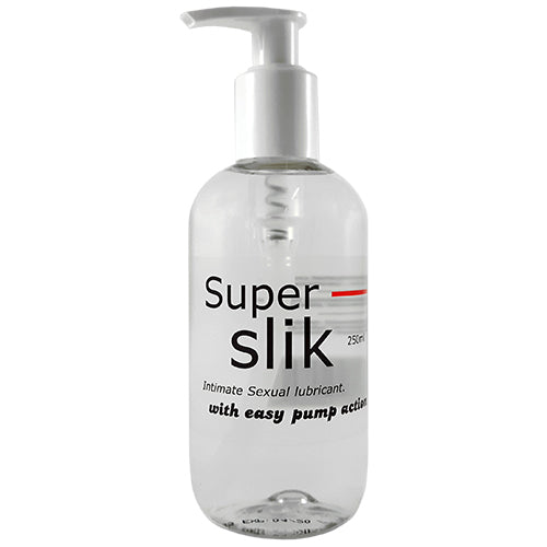 Super Slik Water Based 250ml lubricant bottle with a sleek design, showcasing its luxury and quality for enhanced sexual pleasure.