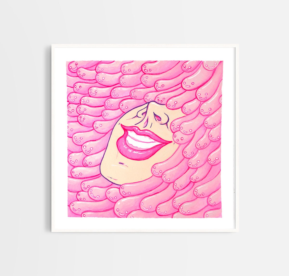 Art print titled 'Swim with your Worms', featuring vibrant colors and intricate details, showcasing themes of self-love and anxiety.